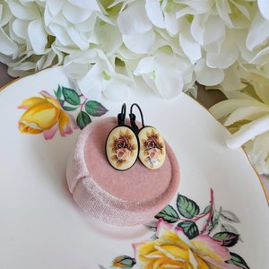 Limoges Inspired Rose Earrings, Vintage Floral Lever Back Earrings in Brass, Silver or Matte Black