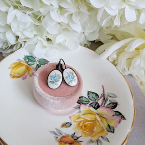 Limoges Inspired Blue Rose Earrings, Vintage Floral Lever Back Earrings in Brass, Silver or Matte Black