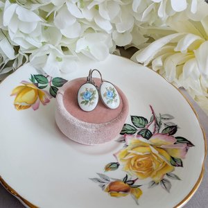 Limoges Inspired Blue Rose Earrings, Vintage Floral Lever Back Earrings in Brass, Silver or Matte Black