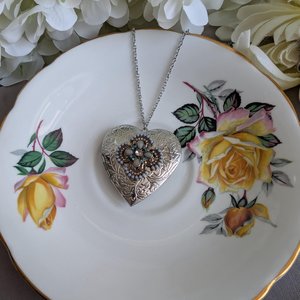 Silver Plated Heart Locket Necklace With Beaded Embellishment– Art Deco Engraved Pendant, Vintage Style Jewelry Gift for Her