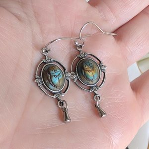 Scarab Earrings with Silver Ox Leaf Frame Pendants, Art Deco Jewelry with Egyptian Inspiration