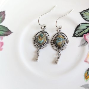 Scarab Earrings with Silver Ox Leaf Frame Pendants, Art Deco Jewelry with Egyptian Inspiration