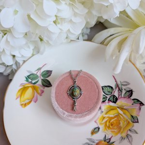 Scarab Necklace with Silver Ox Leaf Frame Pendant, Art Deco Jewelry with Egyptian Inspiration