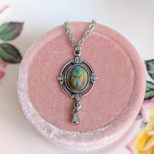 Scarab Necklace with Silver Ox Leaf Frame Pendant, Art Deco Jewelry with Egyptian Inspiration