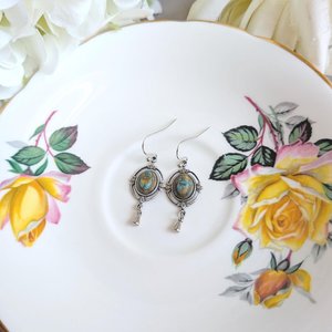 Scarab Earrings with Silver Ox Leaf Frame Pendants, Art Deco Jewelry with Egyptian Inspiration