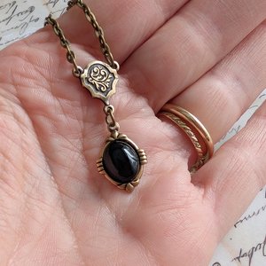 Onyx Necklace in Antiqued Brass, Historical Costume Jewelry, Black Stone Pendant