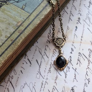 Onyx Necklace in Antiqued Brass, Historical Costume Jewelry, Black Stone Pendant