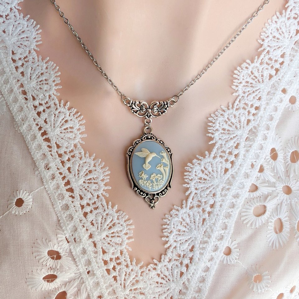 Black Hummingbird Cameo Necklace, Unique Bird Pendant Gift