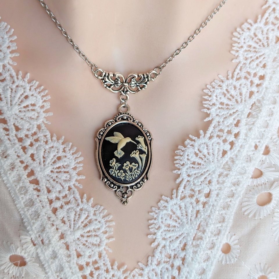 Black Hummingbird Cameo Necklace, Unique Bird Pendant Gift