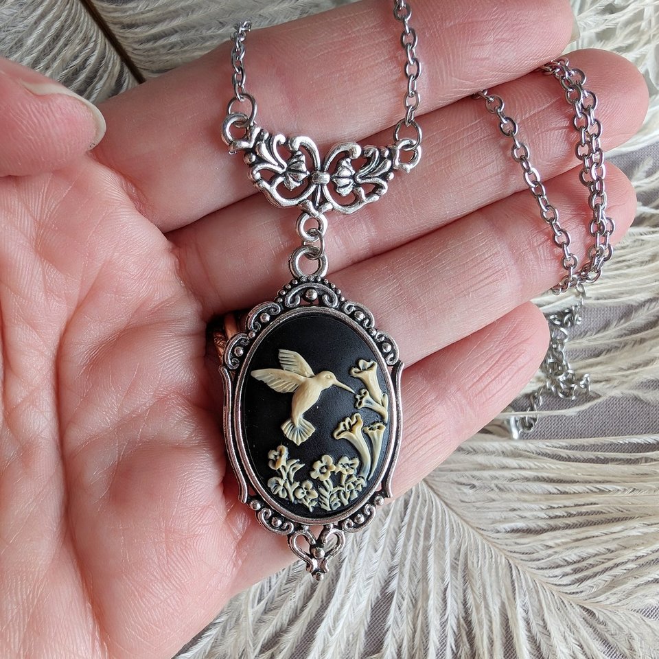 Black Hummingbird Cameo Necklace, Unique Bird Pendant Gift