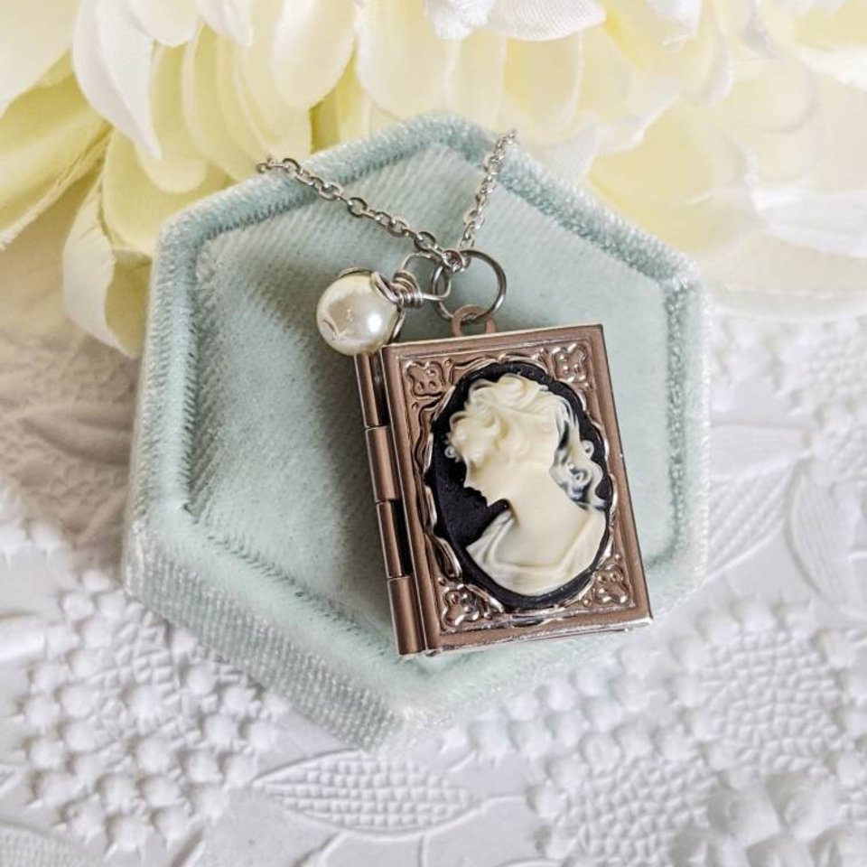 Book Locket Necklace with Lady Cameo, Victorian Style Cameo Jewelry, Book Lover Gift, Teacher Gift, Librarian Gift Idea