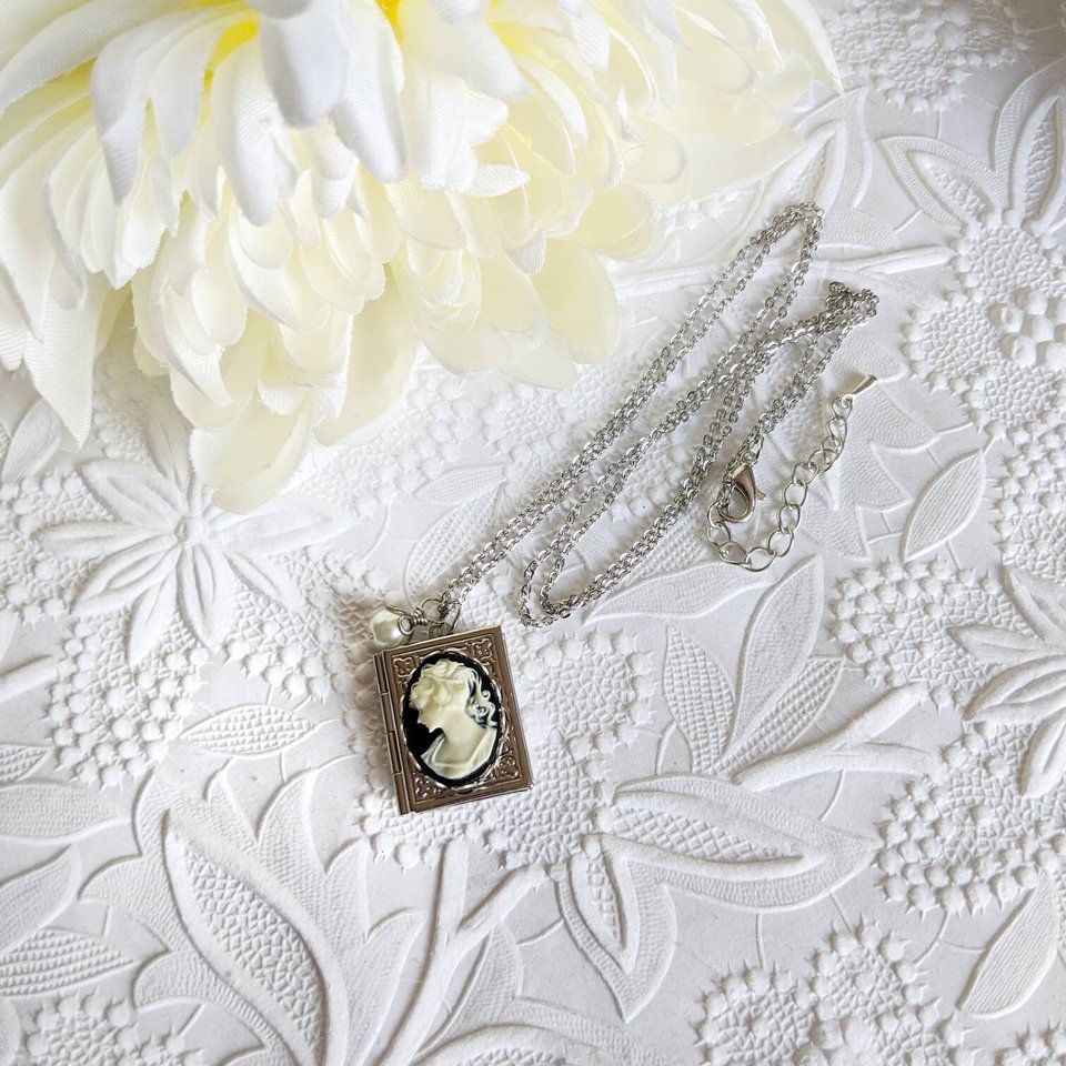 Book Locket Necklace with Lady Cameo, Victorian Style Cameo Jewelry, Book Lover Gift, Teacher Gift, Librarian Gift Idea