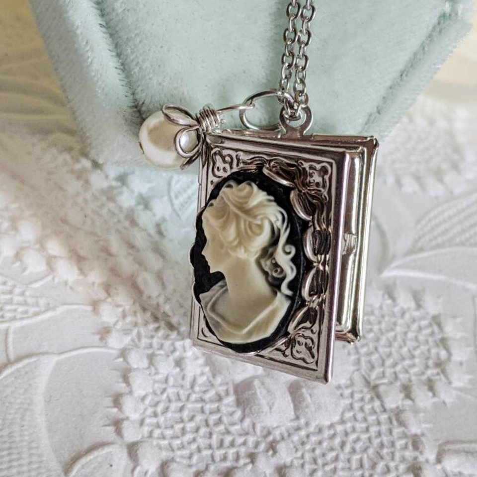 Book Locket Necklace with Lady Cameo, Victorian Style Cameo Jewelry, Book Lover Gift, Teacher Gift, Librarian Gift Idea
