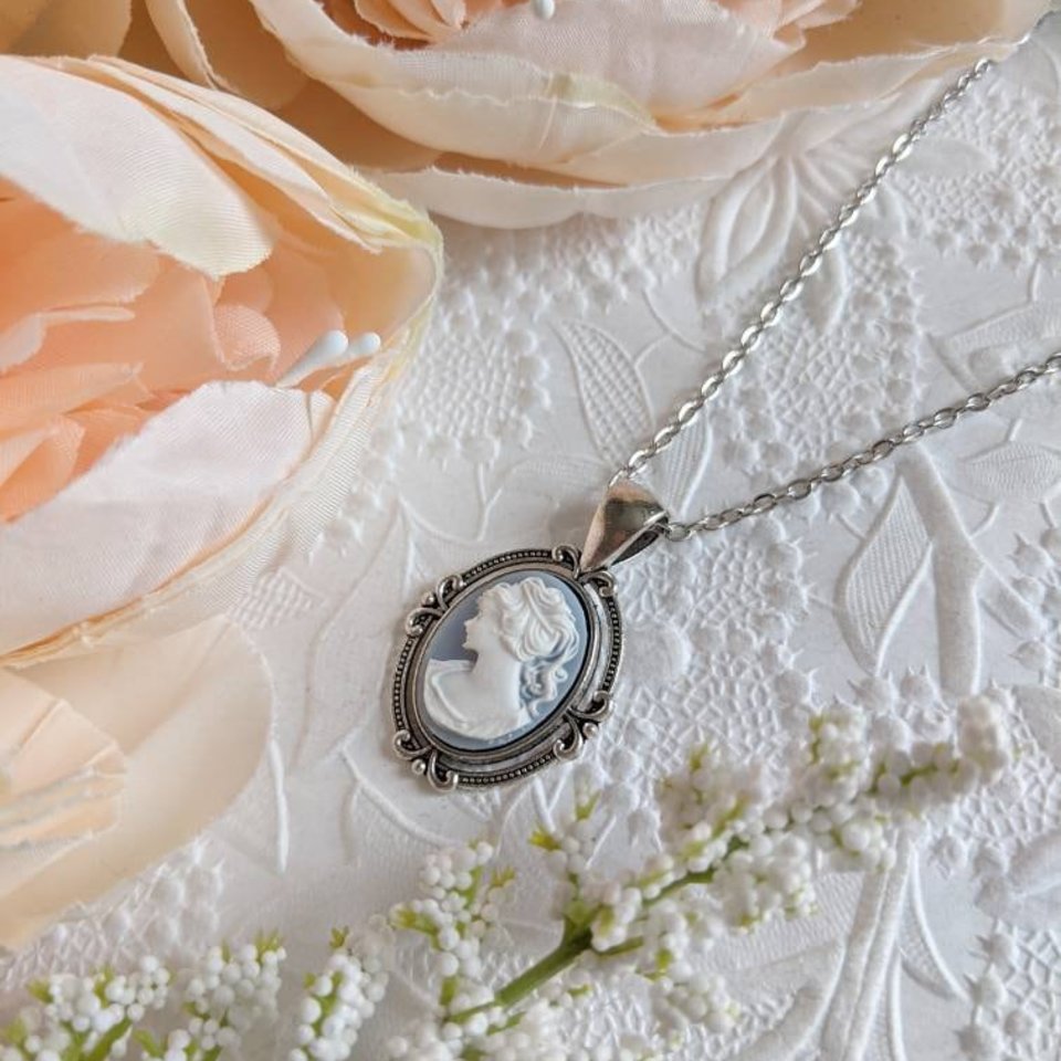 Blue Cameo Necklace, Victorian Gothic Jewelry, Vintage Style Something Blue for Bride Jewelry