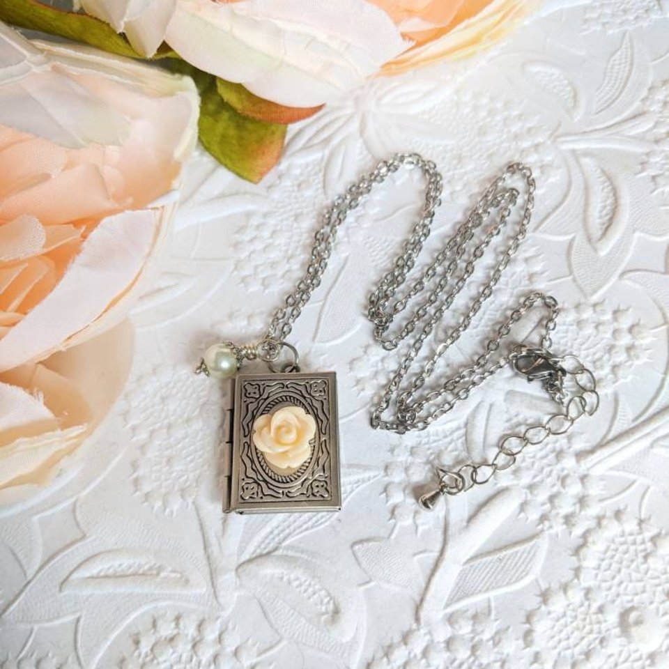 Silver Book Locket Necklace with Flower, Book Club Gifts for Book Lovers, Librarian Gift Idea