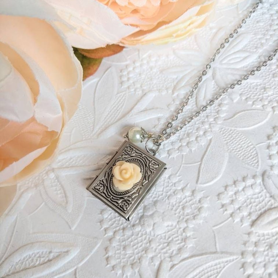 Silver Book Locket Necklace with Flower, Book Club Gifts for Book Lovers, Librarian Gift Idea