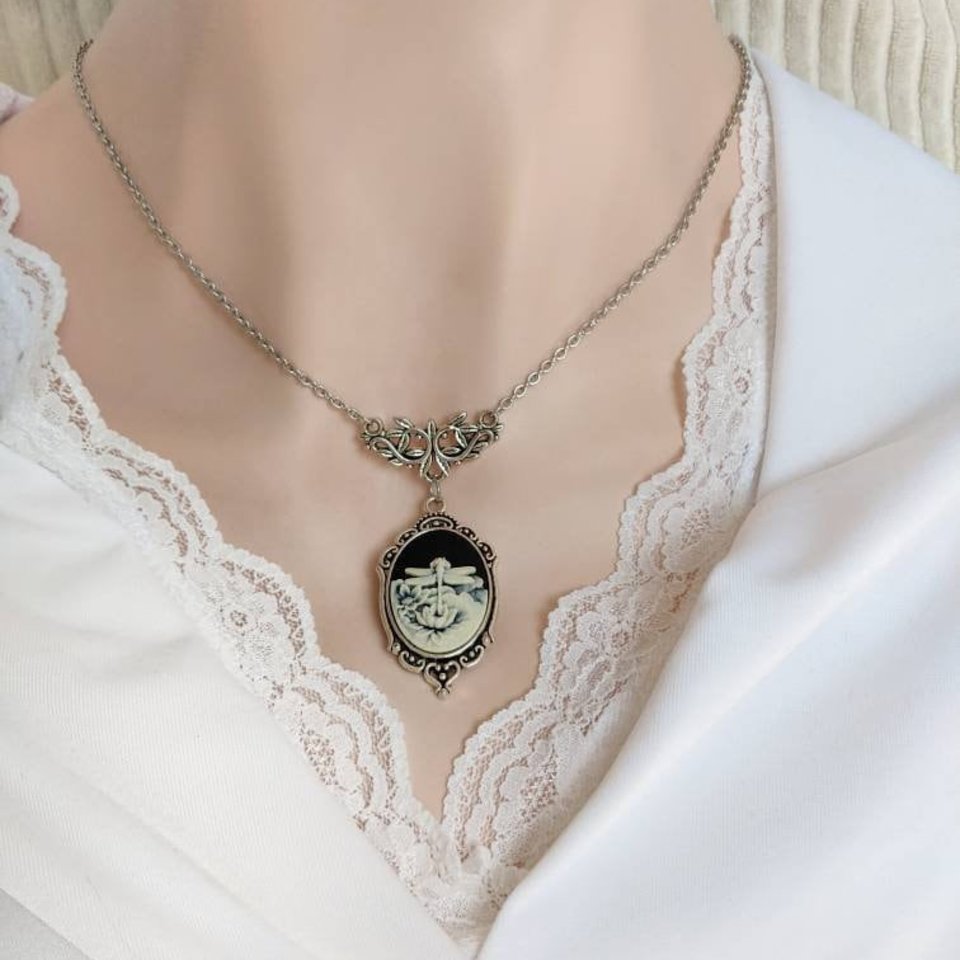 Blue Dragonfly Cameo Necklace, Art Nouveau Jewelry