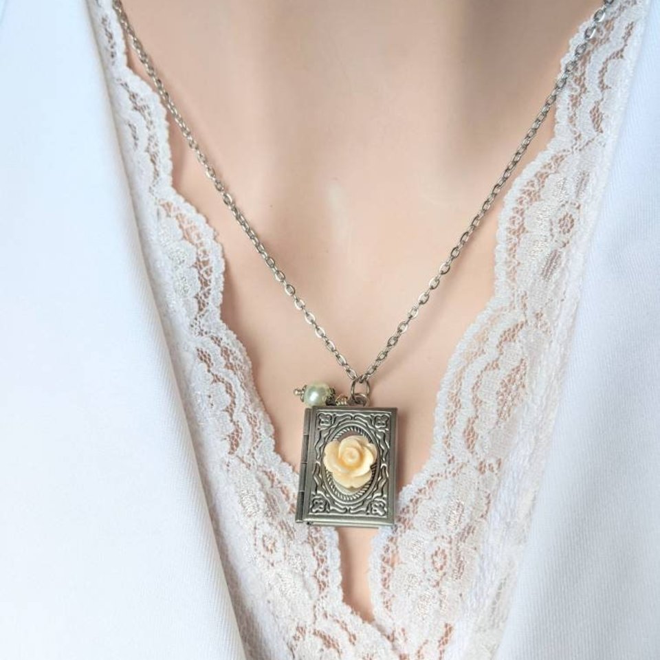 Silver Book Locket Necklace with Flower, Book Club Gifts for Book Lovers, Librarian Gift Idea