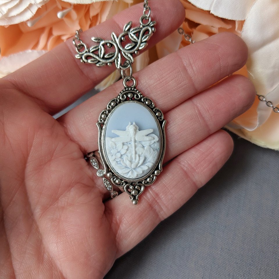 Blue Dragonfly Cameo Necklace, Art Nouveau Jewelry