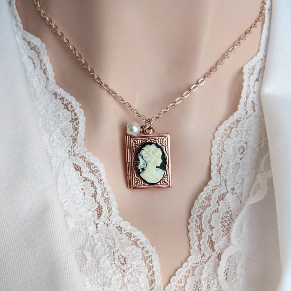 Book Locket Necklace with Lady Cameo, Victorian Style Cameo Jewelry, Book Lover Gift, Teacher Gift, Librarian Gift Idea