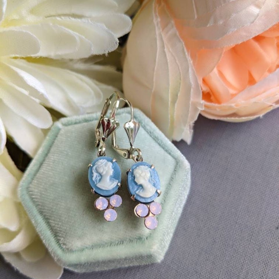 Blue Cameo Earrings, Rosewater Opal Earrings, Victorian Cameo Jewelry, Antique Replica, October Birthday Jewelry, Shabby Chic