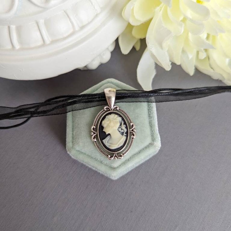 Gothic Cameo Pendant, Black Ribbon Choker Necklace, Victorian Bridal Jewelry, Black Wedding