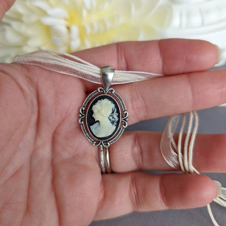 Victorian Bridal Jewelry, Cameo Ribbon Choker Necklace, Historical Costume Jewelry