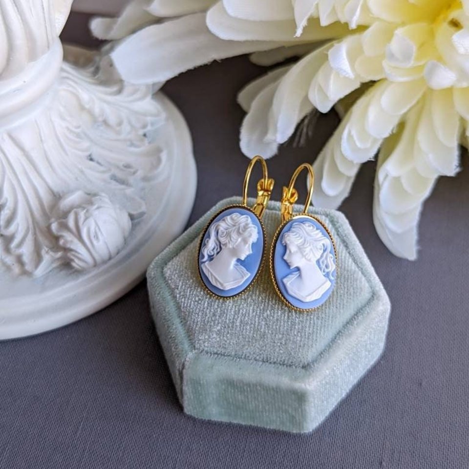 Blue Cameo Leverback Earrings, Romantic Jewelry
