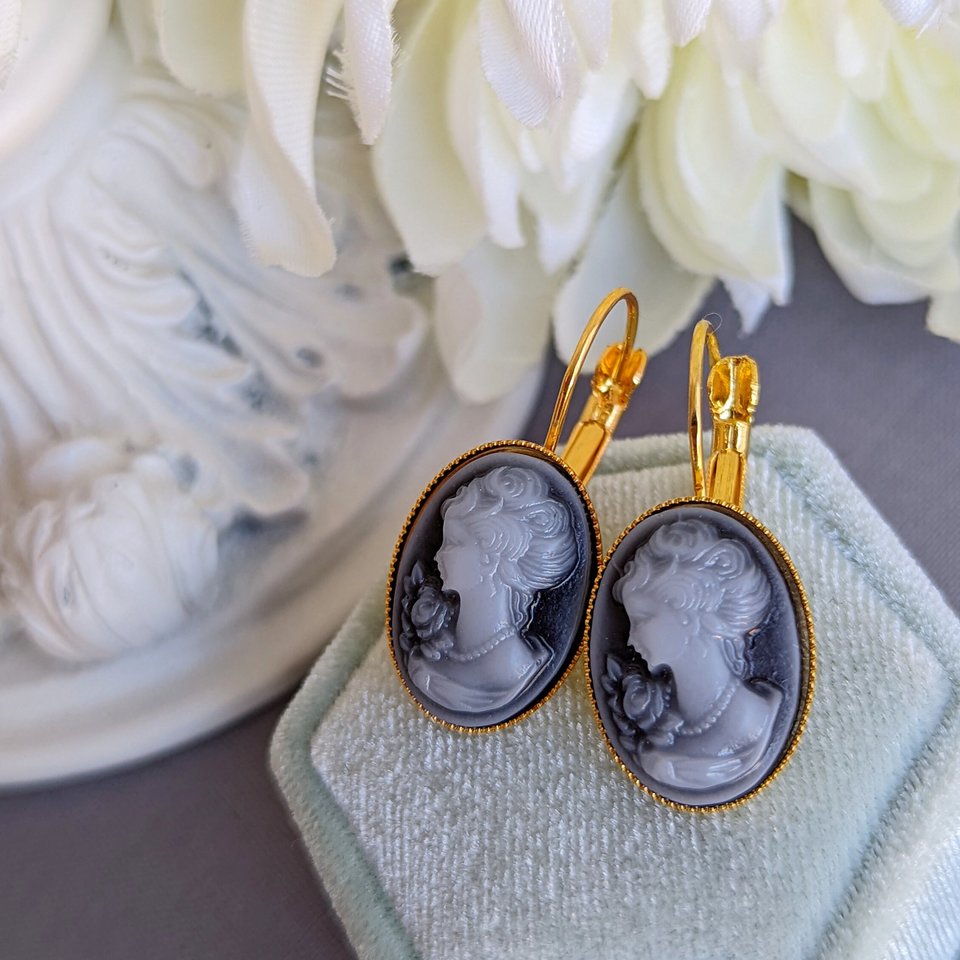 Blue Cameo Lever Back Earrings: Vintage Style Portrait Jewelry