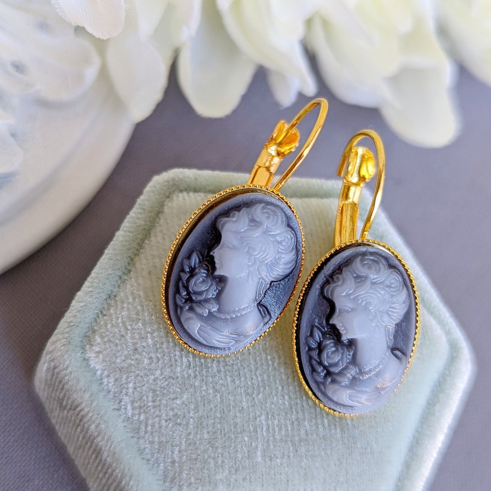 Blue Cameo Lever Back Earrings: Vintage Style Portrait Jewelry