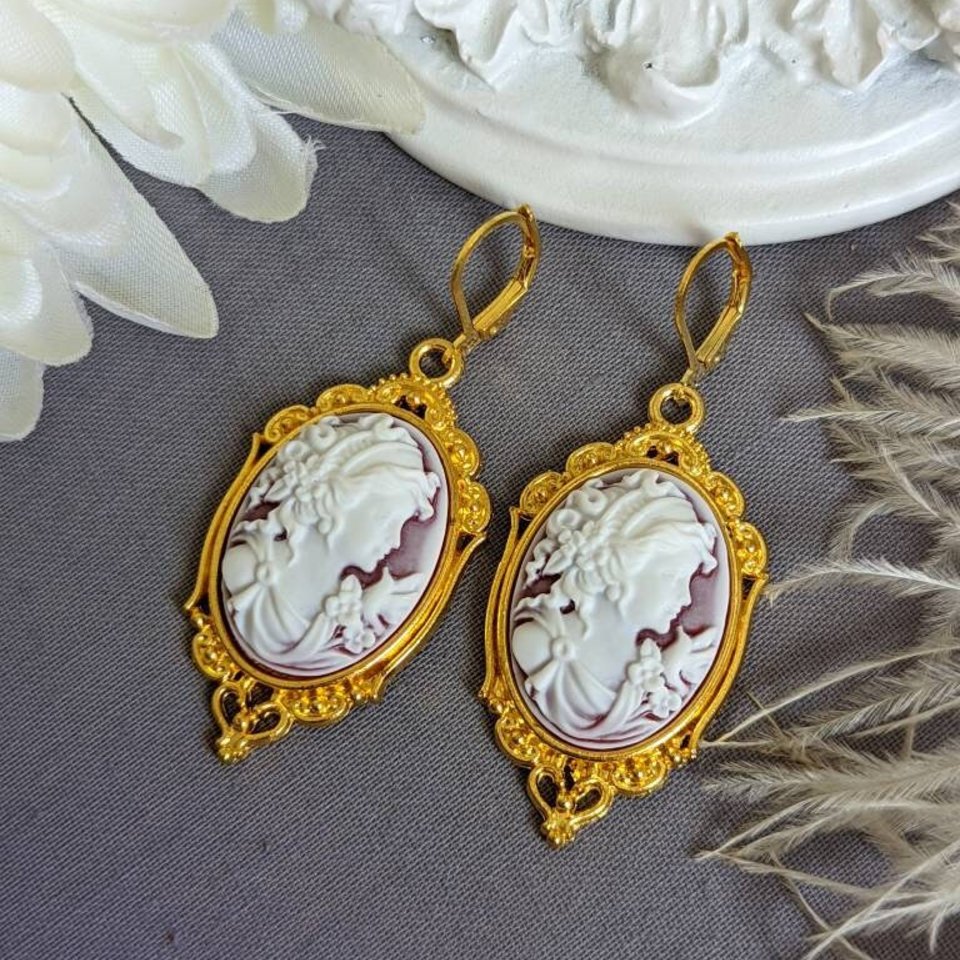 Cameo Statement Earrings, Victorian Jewelry, Romantic Vintage Style Historical Costume