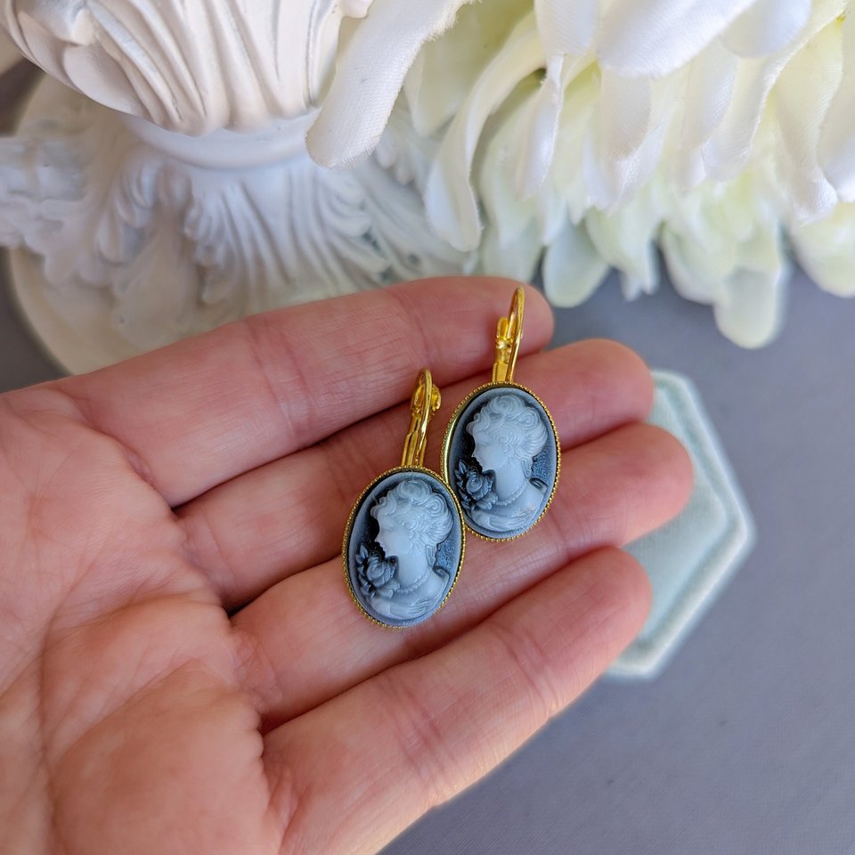 Blue Cameo Lever Back Earrings: Vintage Style Portrait Jewelry