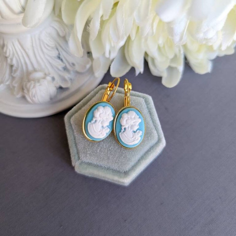 Blue Lady Cameo Earrings, Vintage Portrait, Gold Plated Lever Back Earrings, Victorian Jewelry