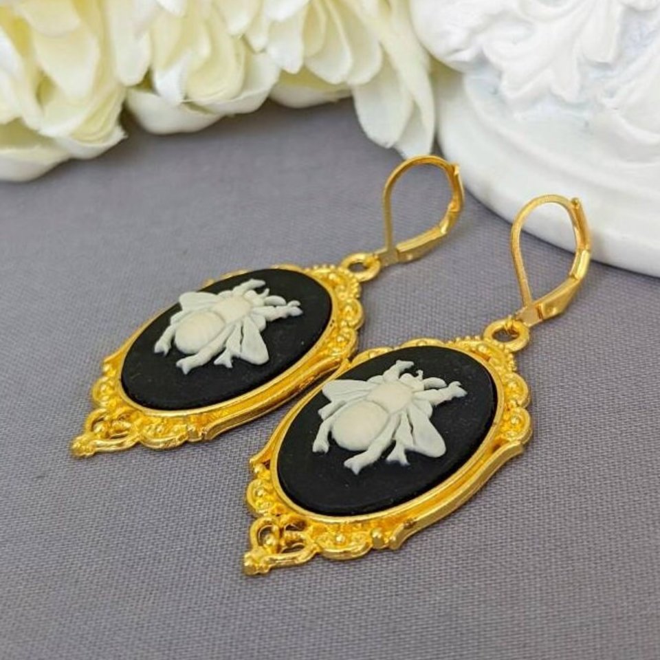 Bee Statement Earrings, Bee Cameo Earrings, Steampunk Jewelry, Dark Academia, Nature Inspired, Dark Cottage Core