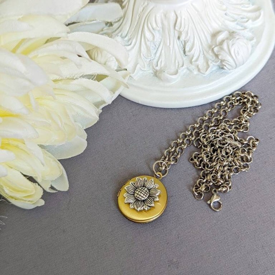 Tiny Sunflower Locket Necklace, Antiqued Gold Locket, Round Locket Necklace, Sunflower Jewelry, Keepsake Gift, Teen Daughter Gift