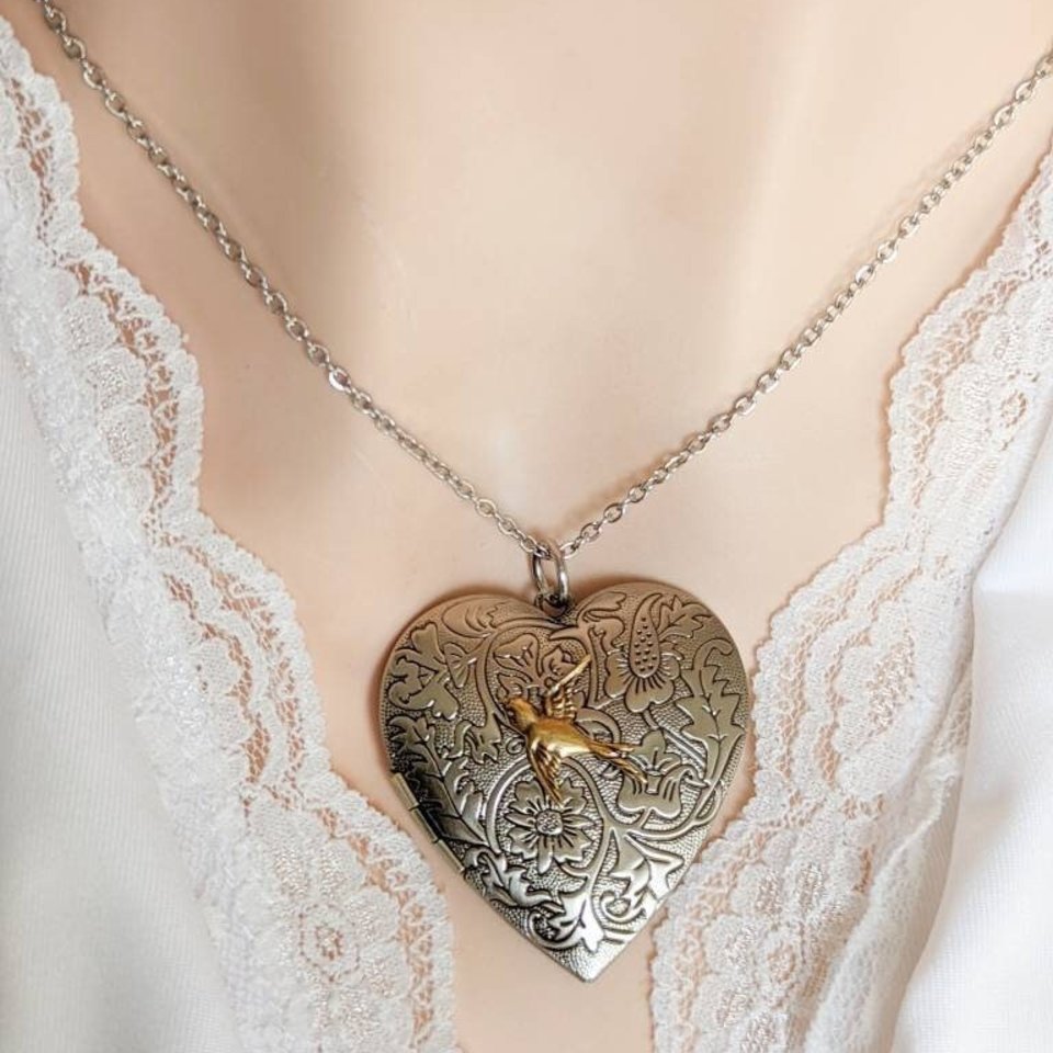 Heart Locket Pendant with Silver Swallow, Romantic Gift for Her
