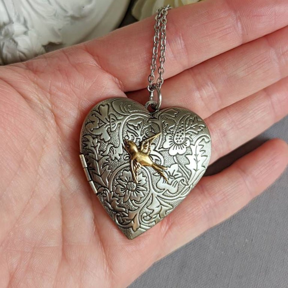Heart Locket Pendant with Silver Swallow, Romantic Gift for Her