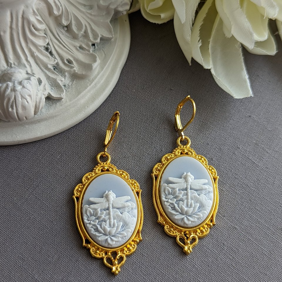Blue Dragonfly Cameo Earrings, Art Nouveau Jewelry