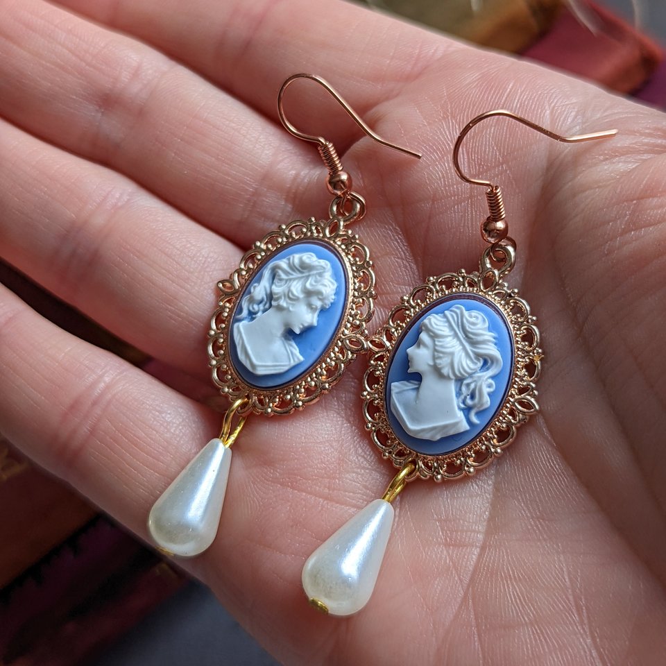 Blue Cameo Pearl Earrings, 14k Rose Gold Plated Earrings, Victorian Jewelry, Romantic Vintage Style, Light Academia, Pearlcore