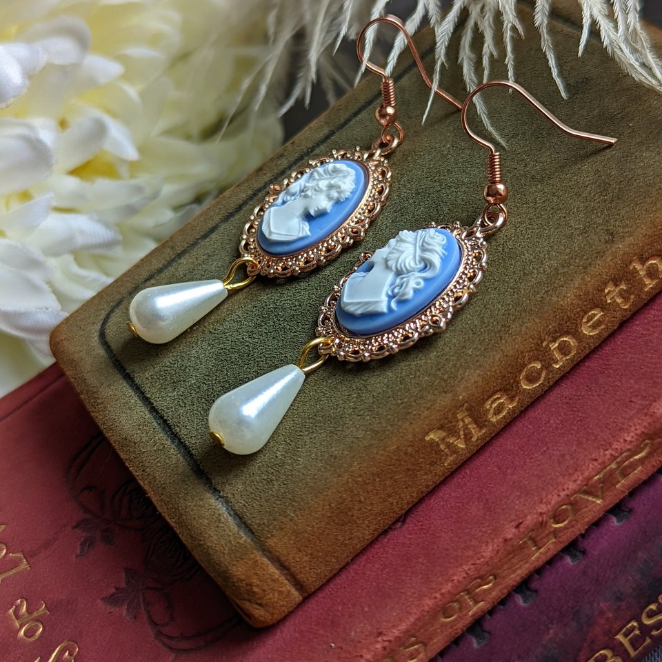 Blue Cameo Pearl Earrings, 14k Rose Gold Plated Earrings, Victorian Jewelry, Romantic Vintage Style, Light Academia, Pearlcore
