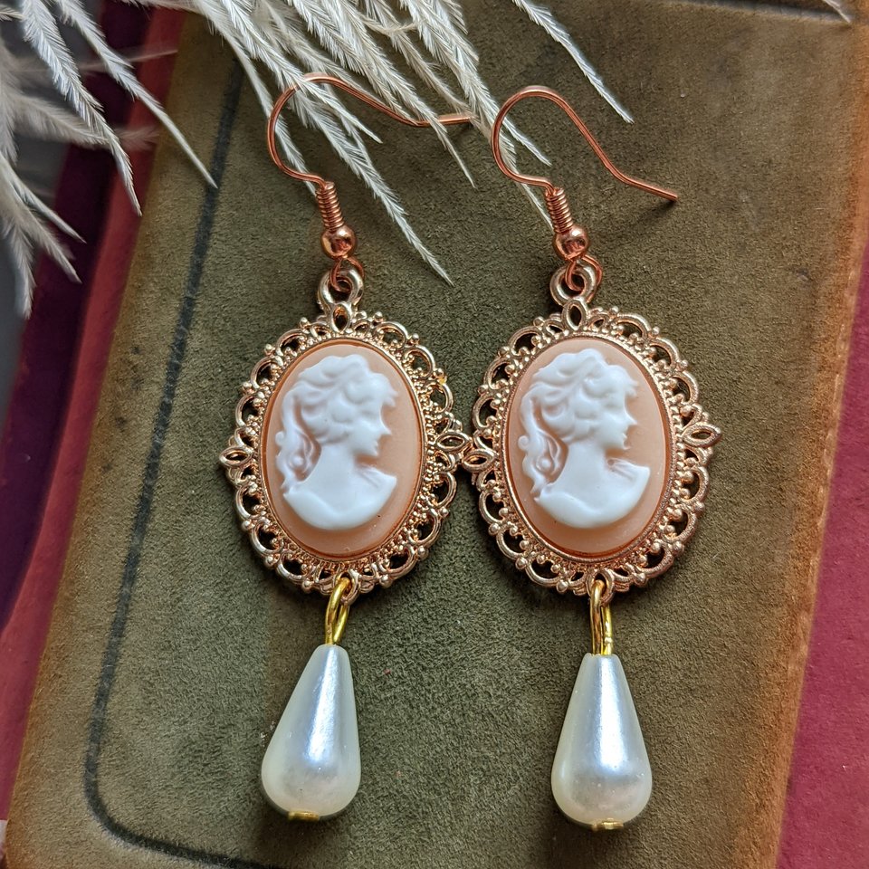 Blue Cameo Pearl Earrings, 14k Rose Gold Plated Earrings, Victorian Jewelry, Romantic Vintage Style, Light Academia, Pearlcore