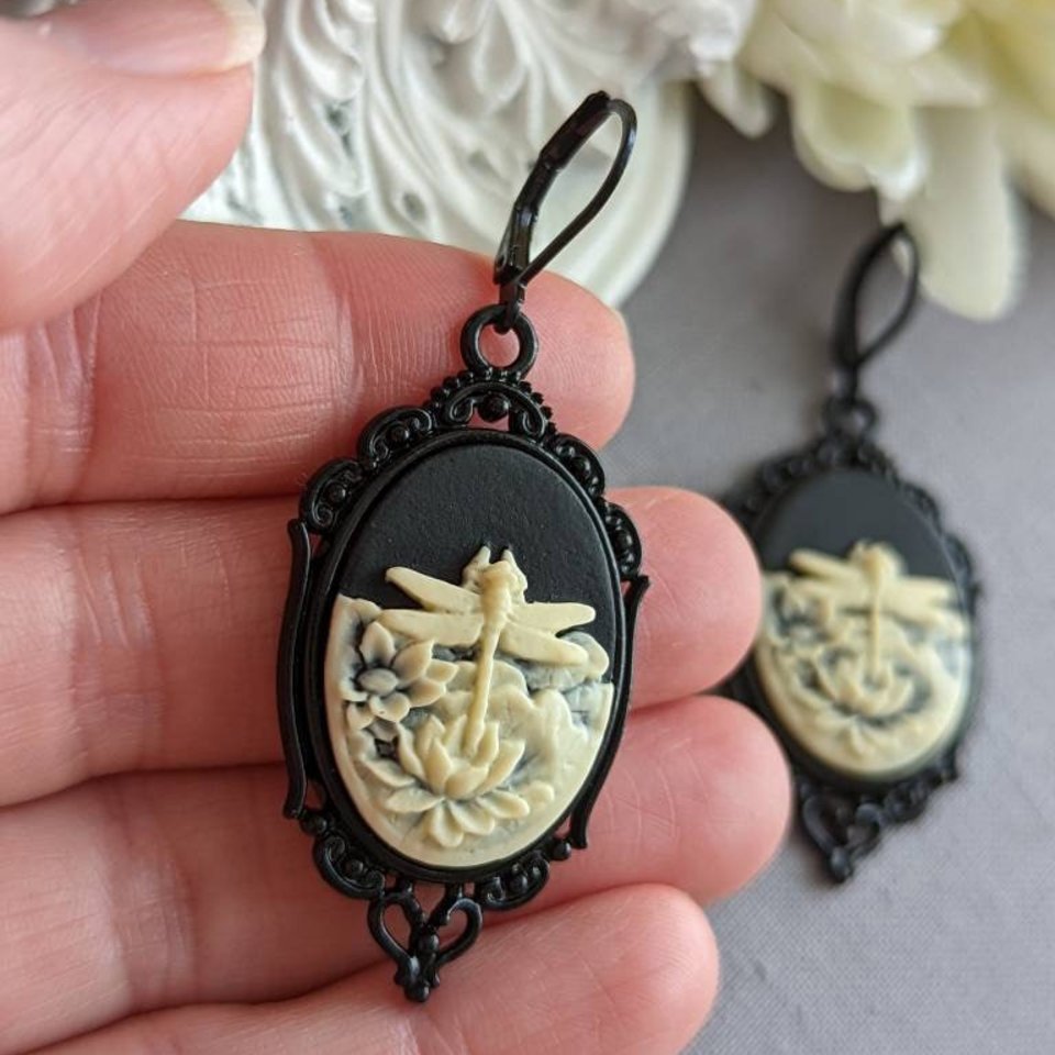 Gothic Cameo Earrings, Black Dragonfly Earrings, Gothic Victorian Jewelry, Dark Nature Jewelry Gift for Her