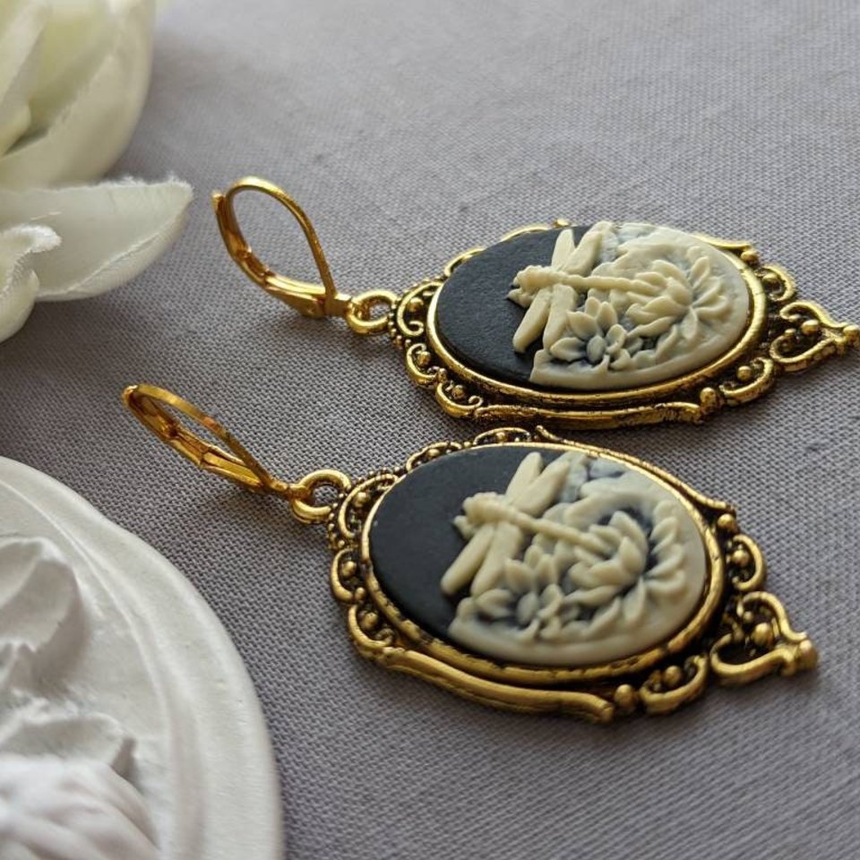 Gothic Cameo Earrings, Black Dragonfly Earrings, Gothic Victorian Jewelry, Dark Nature Jewelry Gift for Her