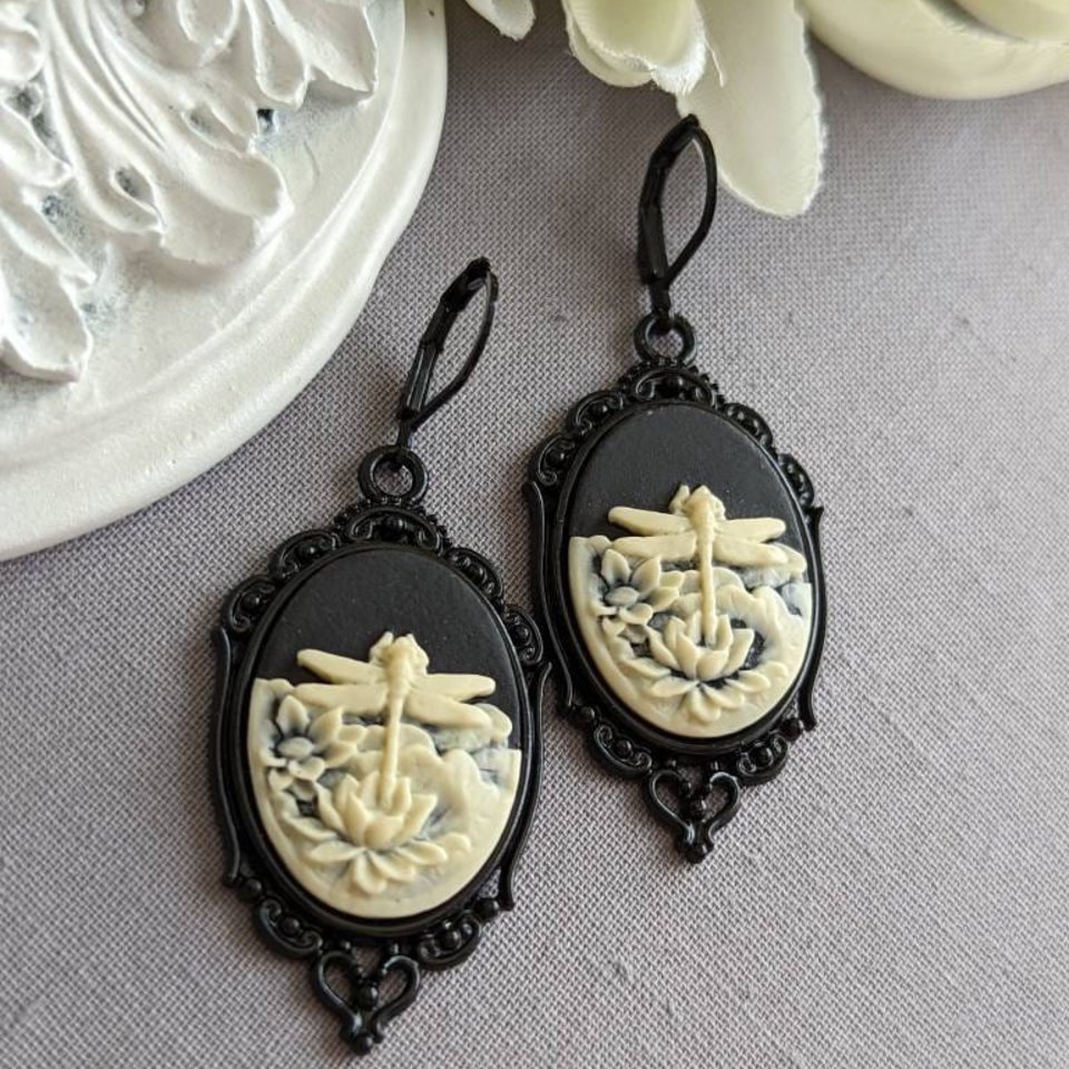 Gothic Cameo Earrings, Black Dragonfly Earrings, Gothic Victorian Jewelry, Dark Nature Jewelry Gift for Her