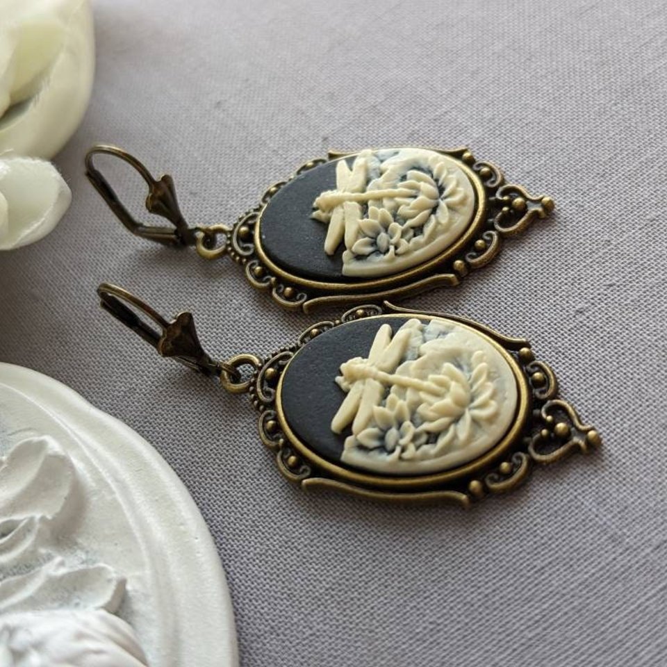 Gothic Cameo Earrings, Black Dragonfly Earrings, Gothic Victorian Jewelry, Dark Nature Jewelry Gift for Her