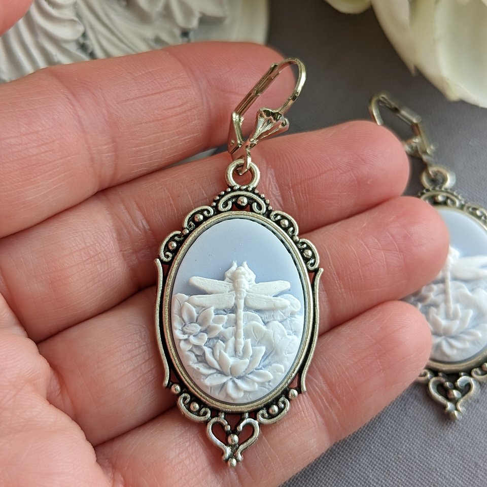 Blue Dragonfly Cameo Earrings, Art Nouveau Jewelry
