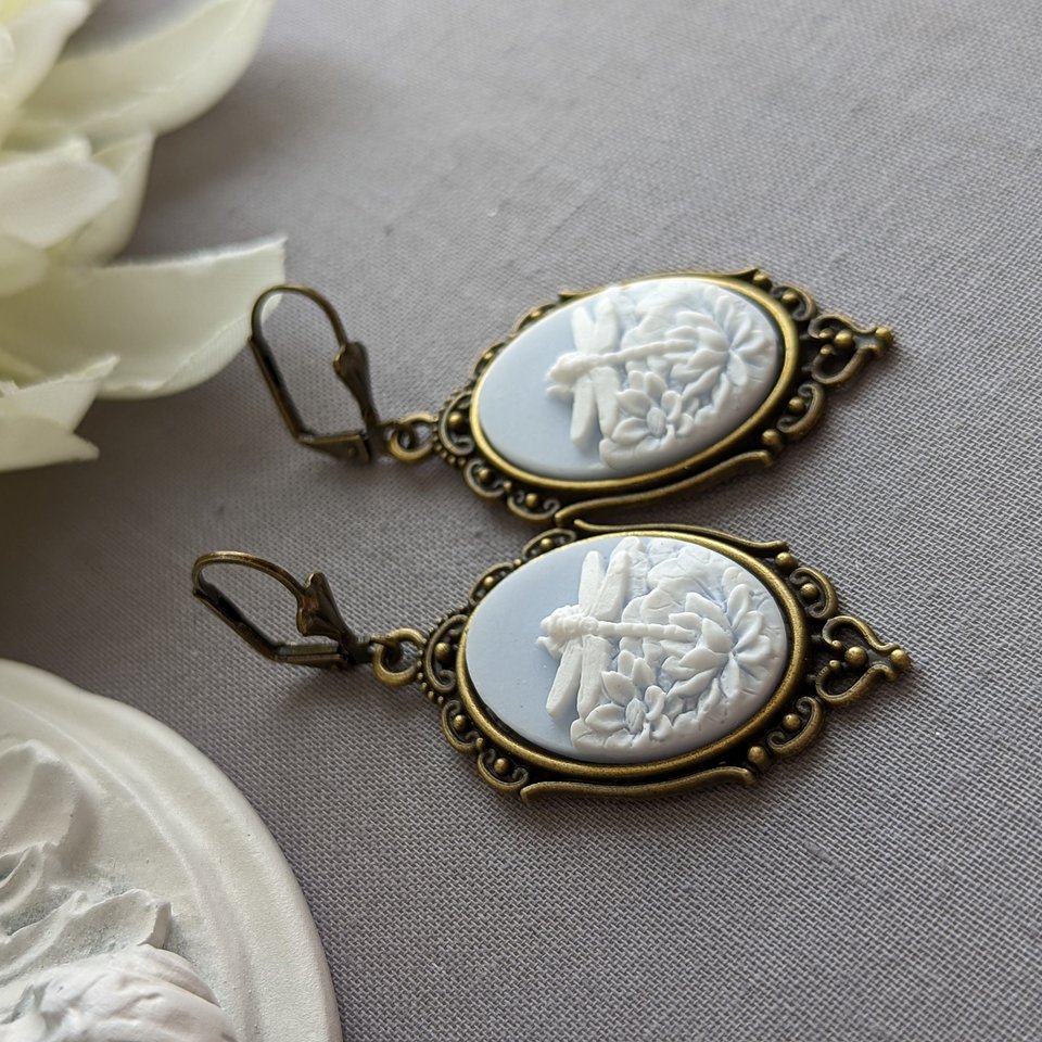 Blue Dragonfly Cameo Earrings, Art Nouveau Jewelry