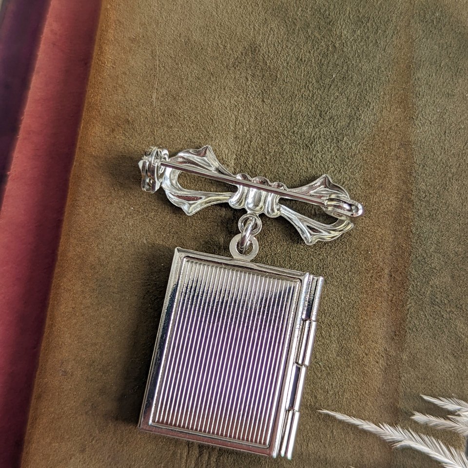 Bridal Bouquet Memory Locket, Silver Book Locket Brooch, Book Lover Gift 
