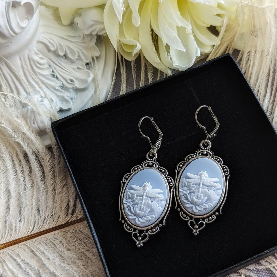 Blue Dragonfly Cameo Earrings, Art Nouveau Jewelry