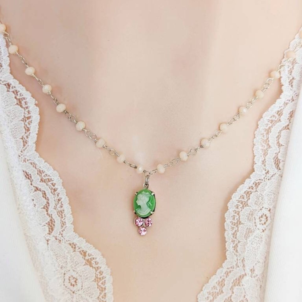 Tiny Green Cameo Necklace with Pink Austrian Crystals on a Pale Pink Opal Rosary Chain, Rustic Vintage Style Pendant, Shabby Chic